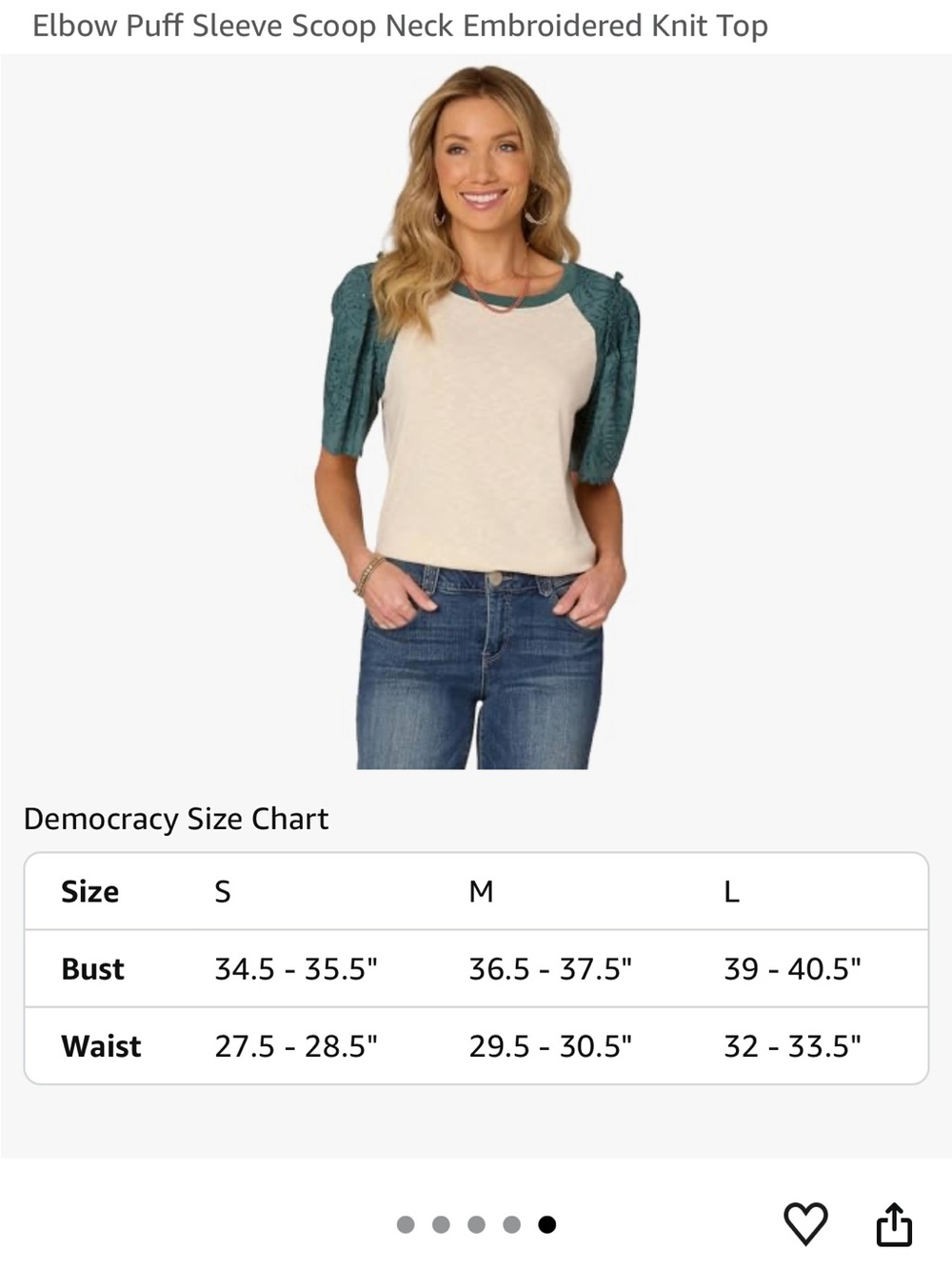 NWT Democracy Embroidered Eyelet Puff Raglan Sleeve Top Large Green Cream - Picture 7 of 8